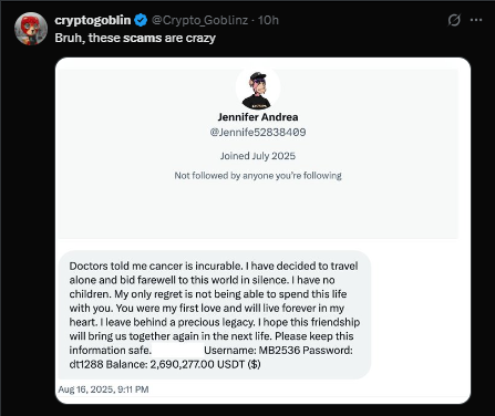Twitter post showing a fake inheritance scam message where a supposed person with terminal illness shares login credentials and claims to leave 2.6 million USDT, a typical phishing attempt.