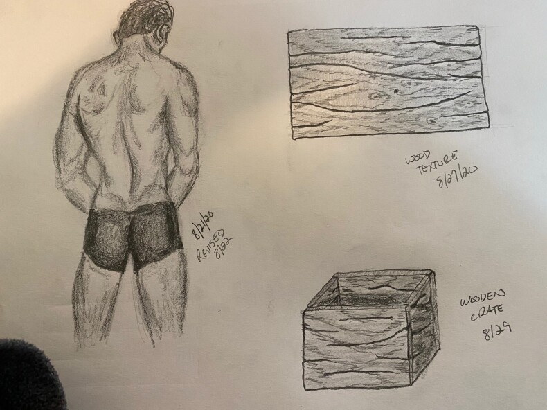sketchbook page - pencil drawings of man, wood panel, wood crate