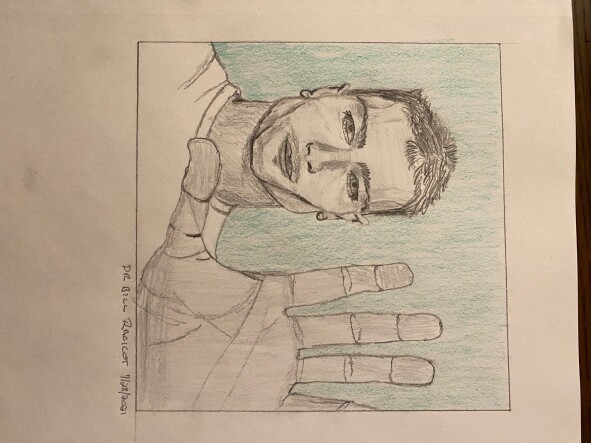 Square-jawed model holding his hand up