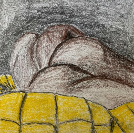 Man sleeping on yellow quilt - drawing in pencil and colored pencil