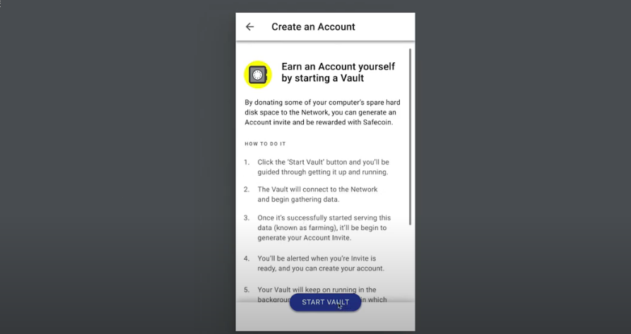 Create an Account, Start a Vault on the SAFE Network