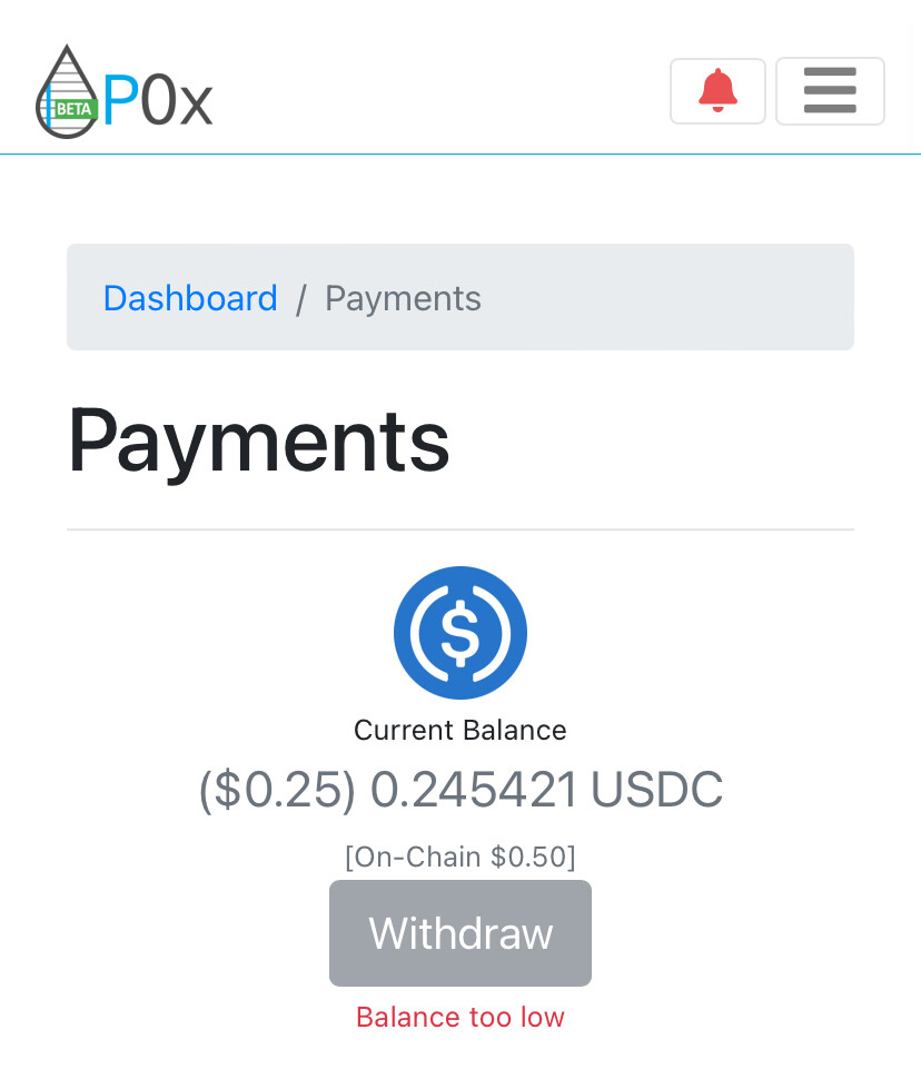 Screenshot of Publish0x wallet showing current balance of 0.245421 USDC.