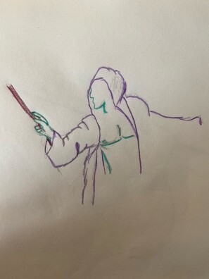 Upper body of wizard with robes open - colored pencil line drawing