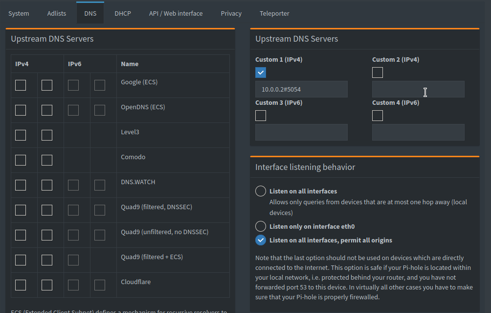 pi-hole admin DNS Settings