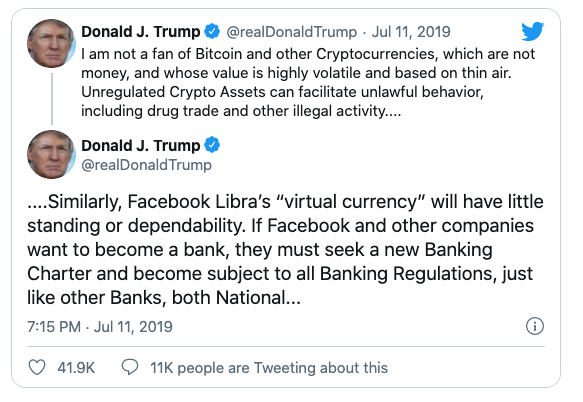Donald Trump ranting against Bitcoin and Libra, saying cryptocurrencies