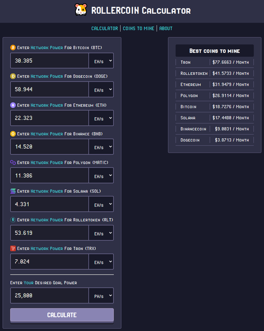 RollerCoin Calculator - My earnings - December-01-2022