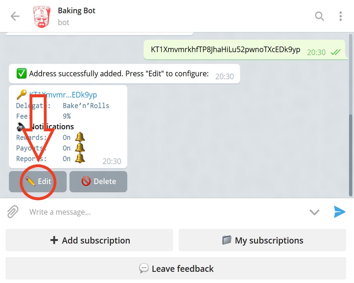 Tezos baking Bad Bot: edit subscription
