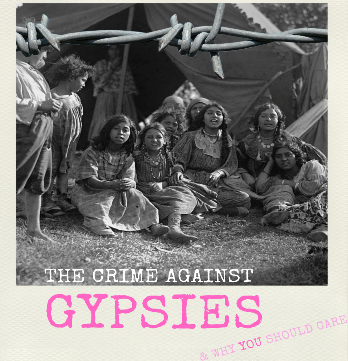 black and white image of gypsy children sitting in front of a camp tent