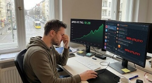 Stressed Web3 founder in Berlin office looking at two monitors: one showing high TVL growth and the other showing angry Telegram community messages demanding crypto off-ramp utility.
