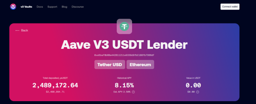 Screenshot of Yearn Finance Aave V3 USDT vault showing 8.15% historical APY and $2.4M in total deposits on Ethereum