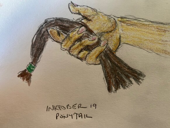 severed ponytail in someone's hand - colored pencils