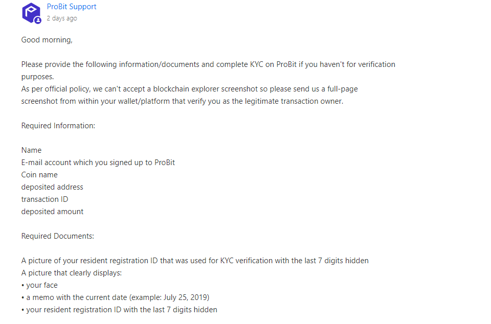 probit support response when inquired about my HIVE tokens