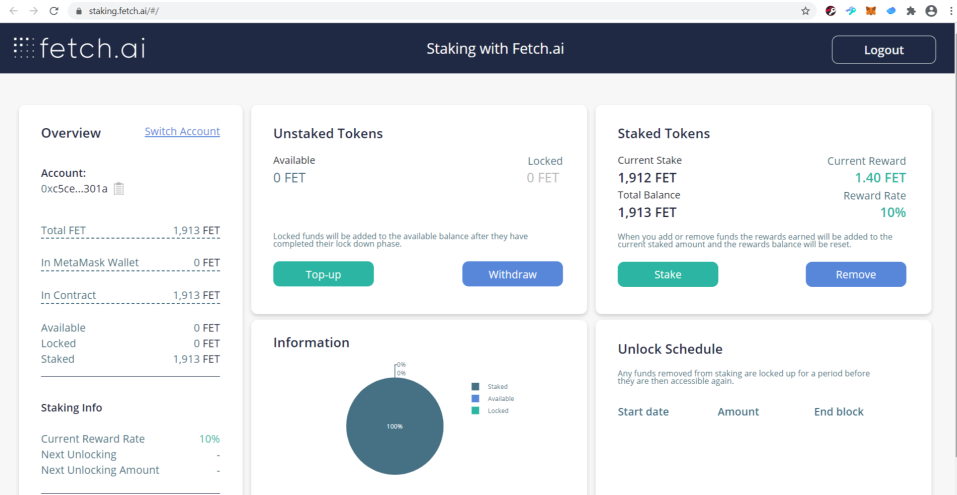 Screenshot of my fetch.ai staking wallet
