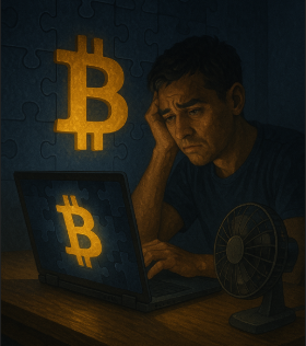 Frustrated man trying to mine Bitcoin on outdated laptop with glowing Bitcoin symbol and puzzle pattern, representing slow performance and high mining difficulty in 2025.