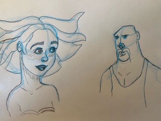 graphite finalized sketches of two characters