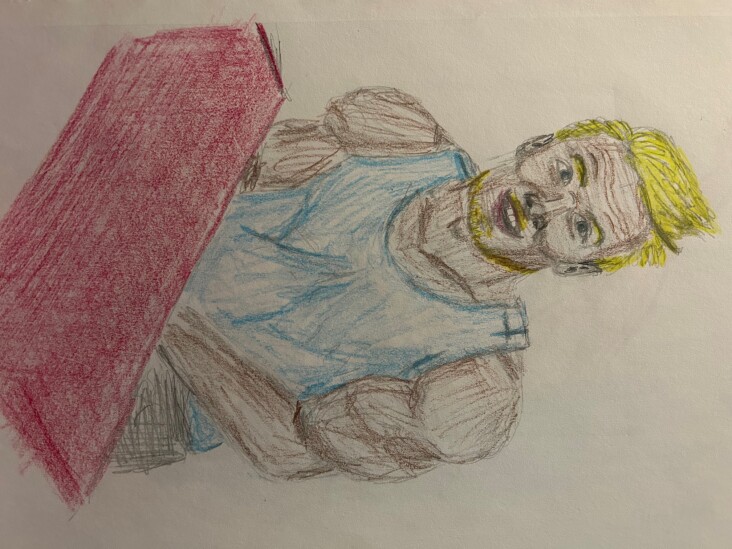 2021 sketch of man in tank top sitting at desk - colored pencil