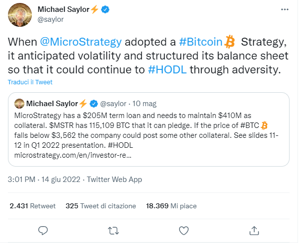 The tweet of Michael Saylor about Bitcoin strategy of MicroStrategy