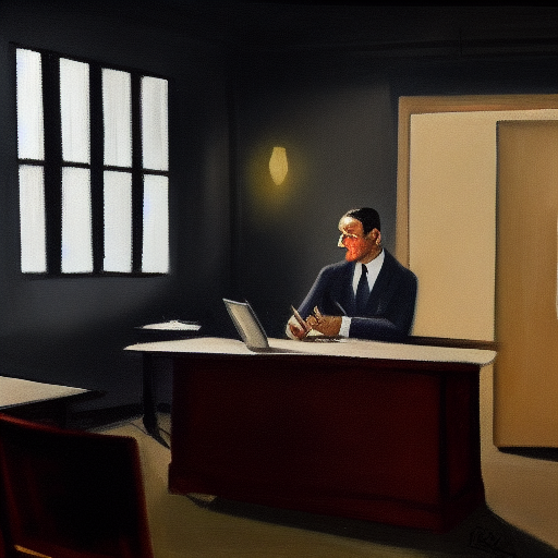 Stable Diffusion Generated painting of a News reporter in a dimly lit office.