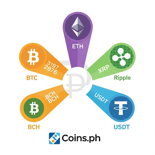 List of cryptocurrencies supported by Coins.ph, including BTC, ETH, BCH, XRP, and USDT.