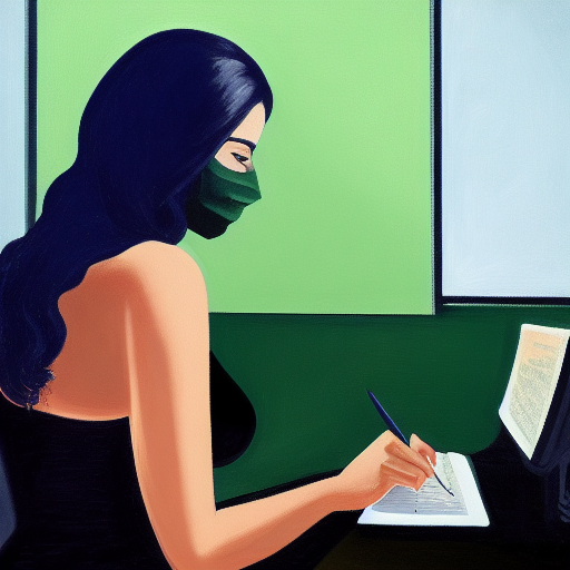 Stable Diffusion generated painting of a woman doing her taxes in a green mask.