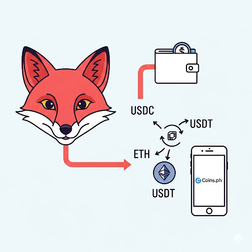 Illustration of a fox (Metamask logo style) connected to a wallet, with arrows showing USDC converting into ETH/USDT, then moving to a mobile phone with the Coins.ph logo. The design should be a clean vector illustration.
