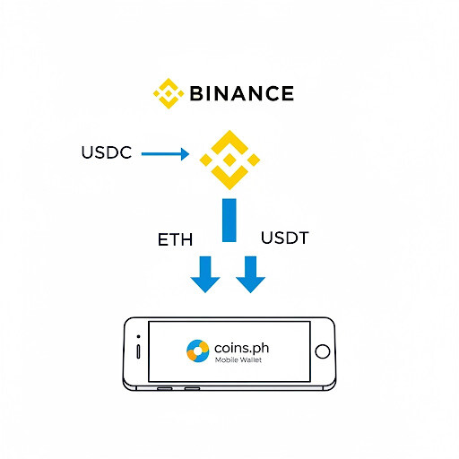 A digital illustration in a clean infographic style, showing the Binance logo (a yellow diamond) at the top. An arrow labeled 'USDC' points to the Binance logo. From the Binance logo, two new arrows emerge, one labeled 'ETH' and the other 'USDT', both pointing downwards towards a smartphone displaying the Coins.ph mobile wallet logo. Use simple arrows and a clean, easy-to-read style.
