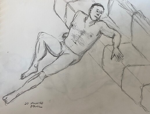 Man reclining against sofa - pencil sketch