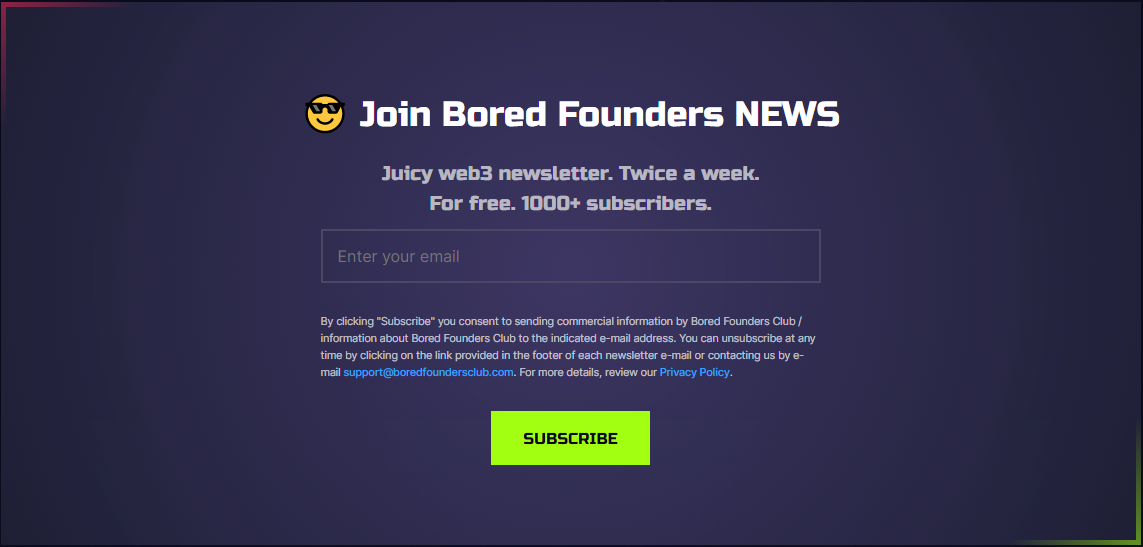 bored founders news subscription form screenshot