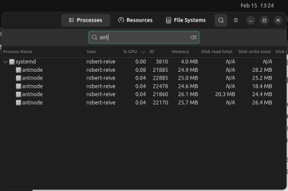 Linux System Monitor Showing Antnodes running