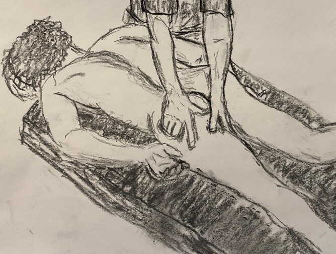 Man receiving a massage - charcoal sketch