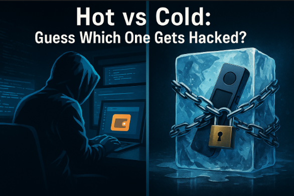 Digital split-screen image showing a hacker targeting a hot wallet on the left and a cold wallet locked in ice and chains on the right, with text 'Hot vs Cold: Guess Which One Gets Hacked?