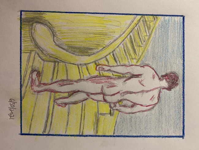 Man ascending fancy stairs - colored pencils and graphite pencils