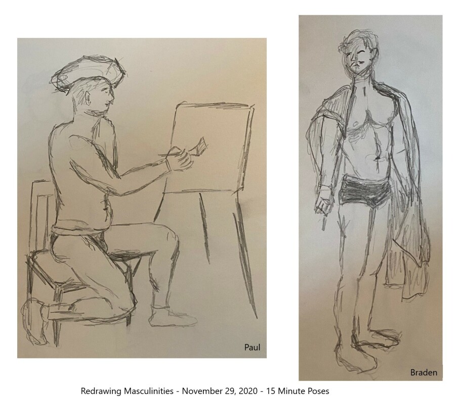 Two drawing: an artist sitting at his easel, a man with a flag draped over his shoulders - 15 minute gesture sketches in pencil