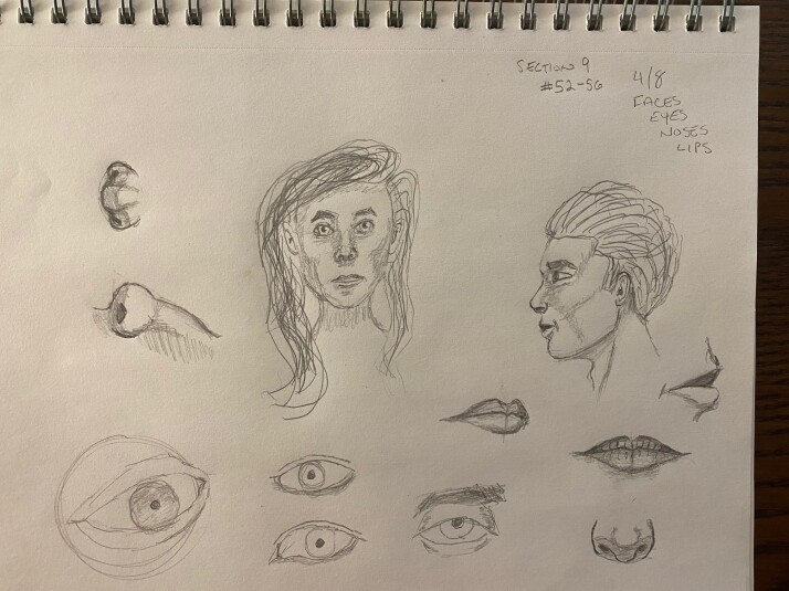 Various facial feature studies and two creepy faces - pencil sketches