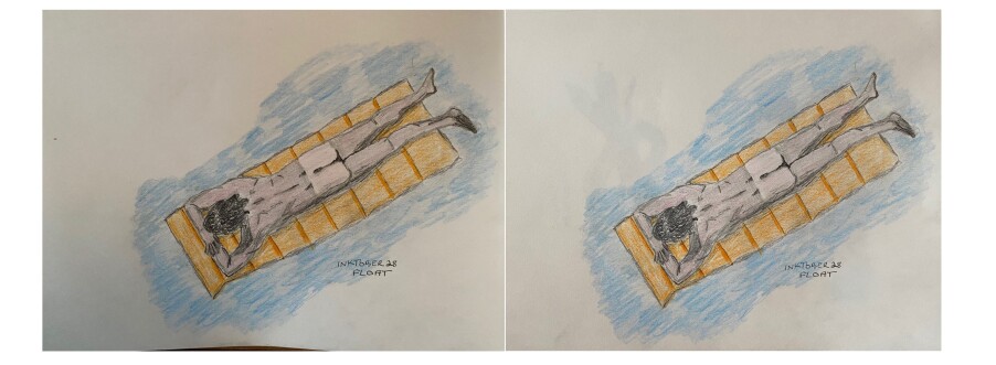 Before and after drawing in pencil and colored pencil - man floating in water