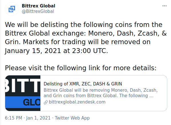A tweet from Bittrex announcing the delisting of Monero, Dash, Zcash and Grin.
