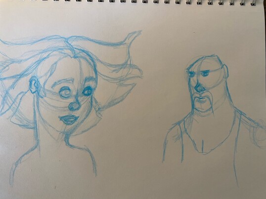 blue pencil sketch of two characters