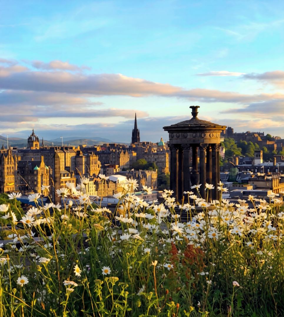 Colton Hill, sea of daisies at sunset, Edinburgh Museum and University of Glasgow