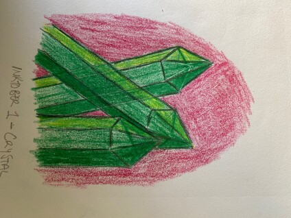 Green crystals on a red background - colored pencils