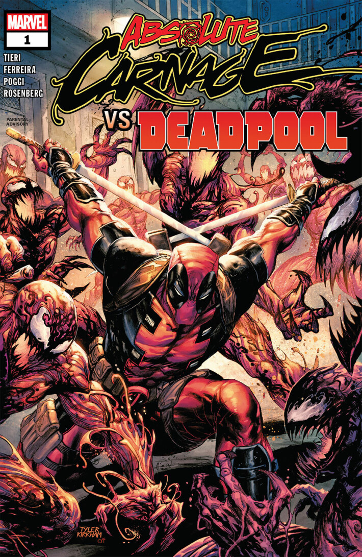 Cover to Absolute Carnage VS Deadpool #1, featuring Deadpool fighting various iterations of Absolute Carnage.