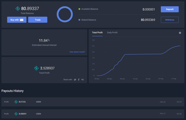 Neutrino staking interface with daily payouts history