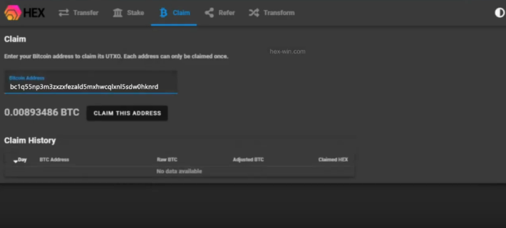 HEX interface to claim your tokens using BTC address