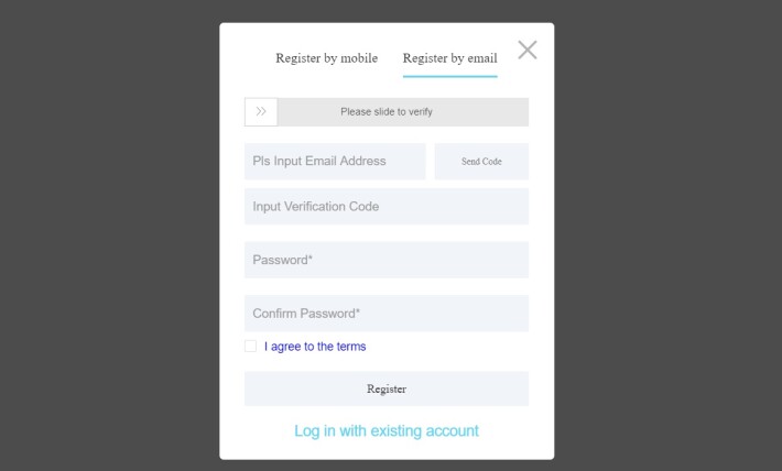Sign up window
