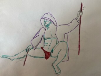 Wizard in low pose - line drawing in colored pencil