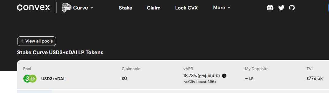 Convex Finance staking panel showing 18.73% vAPR on Curve USD3+sDAI LP tokens with veCRV boost for stablecoin yield farming