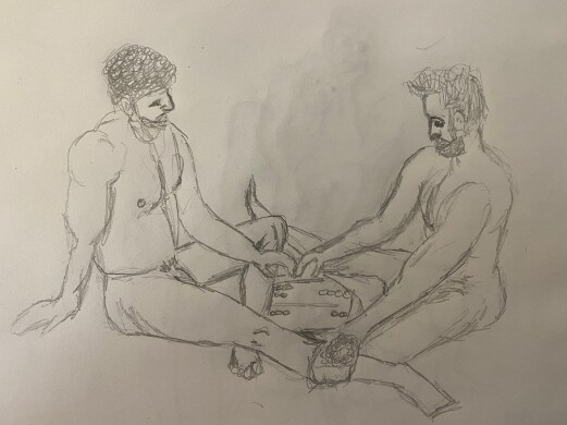 Joe and Ahmad playing backgammon - 20 minutes - pencil