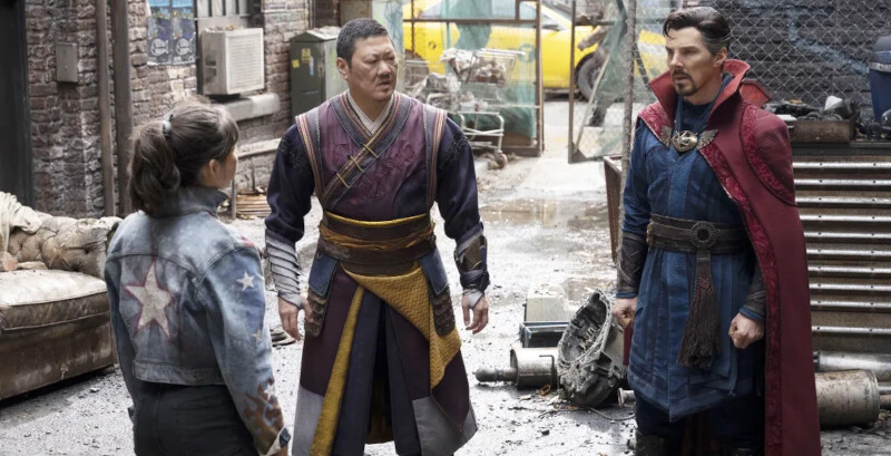 Xochitl Gomez, Benedict Wong and Benedict Cumberbatch in Doctor Strange in the Multiverse of Madness. Photo credits: Jay Maidment/Walt Disney Studios Motion Pictures/Marvel Studios/Courtesy Everett Collection