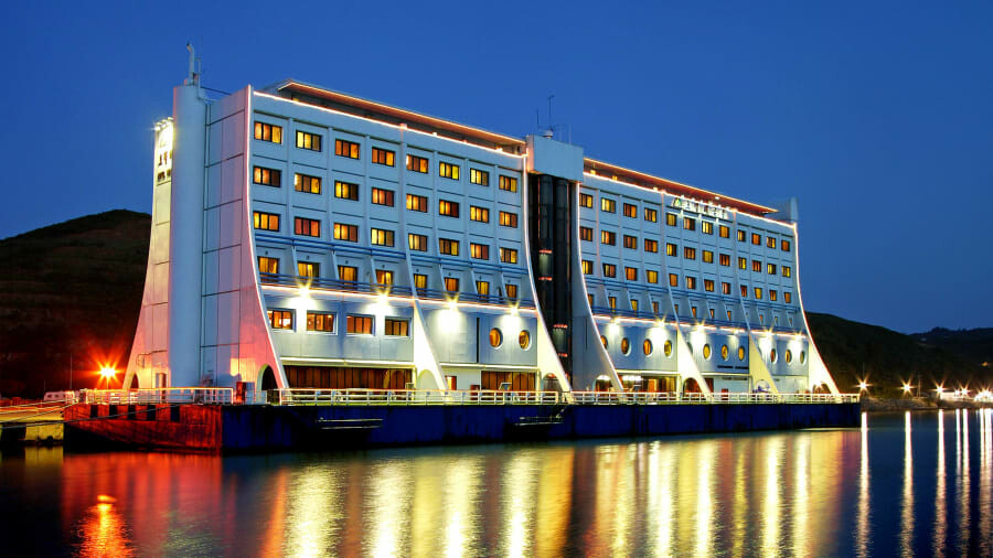 Floating hotel in North Korea at night