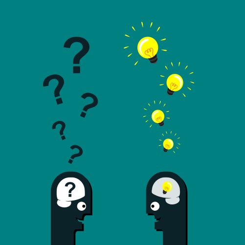 a man with many questions and another man thinking of answers