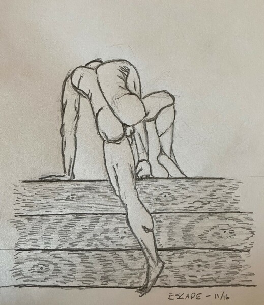 Man climbing wooden fence - drawing in pencil
